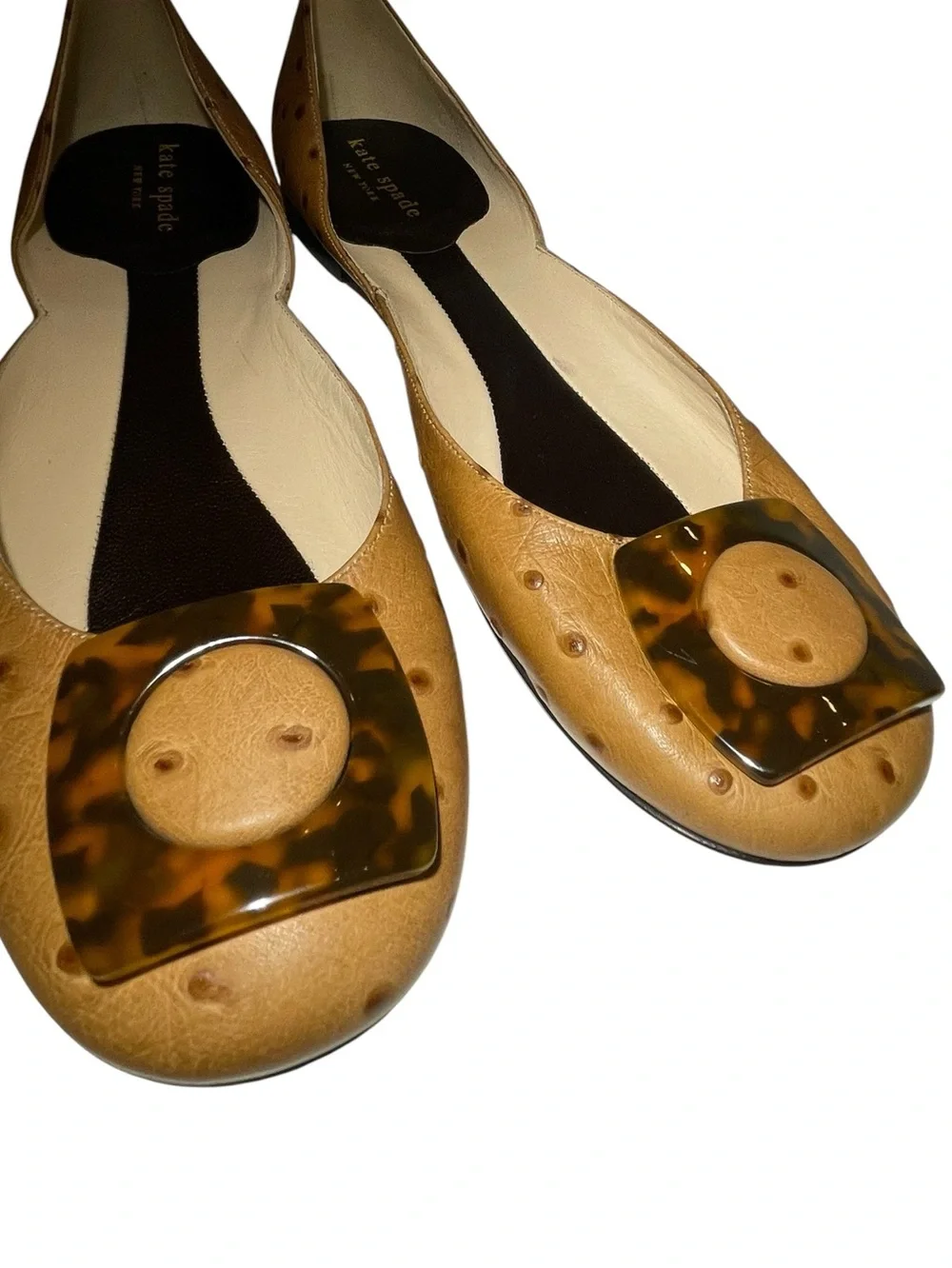 Vintage kate spade D'Orsay Fawn Leather Ostrich Flats Tortoiseshell Buckle 9.5